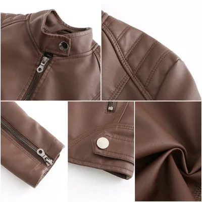 Women's Zip-up Leather Jackets Fashion Solid Color Pockets Stand Collar Top Outwear Clothing