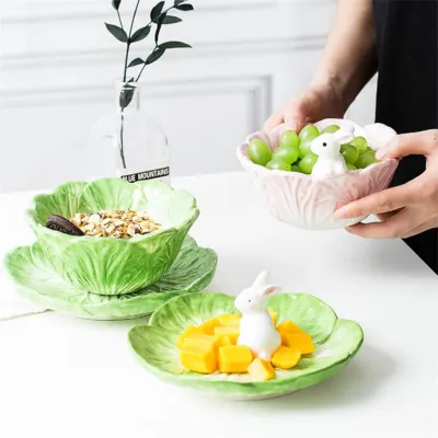 Easter Ceramic Cute Cartoon Hand Painted Animal Children's Tableware Rabbit Cabbage Fruit Salad Dessert Bowl Steak Plate Dinnerware