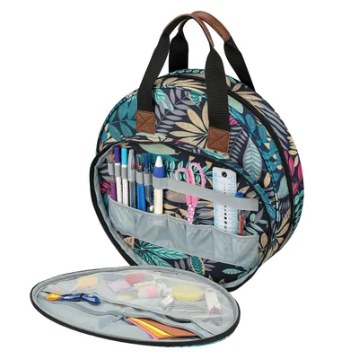 Embroidery Thread Bag with Maple Leaves Round Embroidered Circle Bag Blue Color Knitting Tote Bag Sewing Accessories