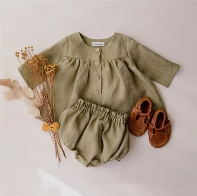 Cotton Linen Cardigan Girl Baby Top Shorts Children's Suit