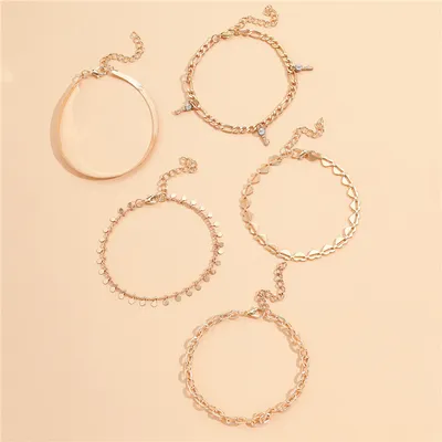 5 Pcs Women Fashion Gold Color Heart Crystal Key Anklets For Women Trendy Snake Chain Anklets For Women Foot Jewelry Gifts