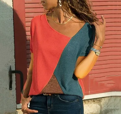 Stitching Contrast Color Round Neck Short Sleeved Casual T Shirt Ladies Top