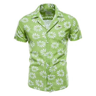 Men's Cotton And Linen Printed Short-sleeved Shirt