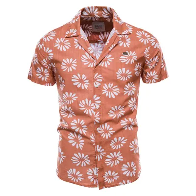 Men's Cotton And Linen Printed Short-sleeved Shirt