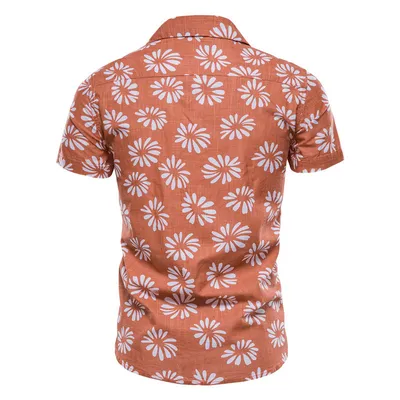 Men's Cotton And Linen Printed Short-sleeved Shirt