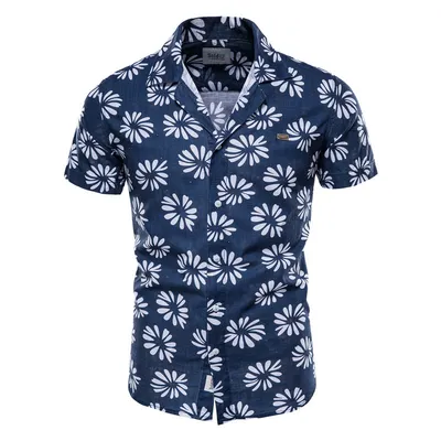 Men's Cotton And Linen Printed Short-sleeved Shirt