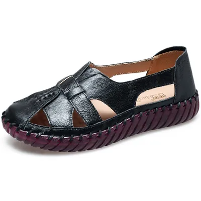Leather Cavern Shoes With Hollow Head For Women's Shoes