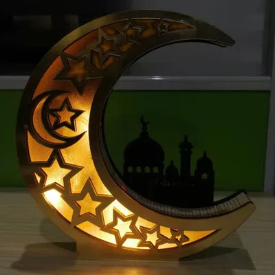 مرآة عيد مبارك الخشبية، قلعة القمر الذهبي، الحروف المجوفة مع أضواء LED الحرف اليدوية