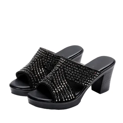 Summer Casual Fashion Outer Wear Rhinestone Platform Thick Heel Platform High Heels