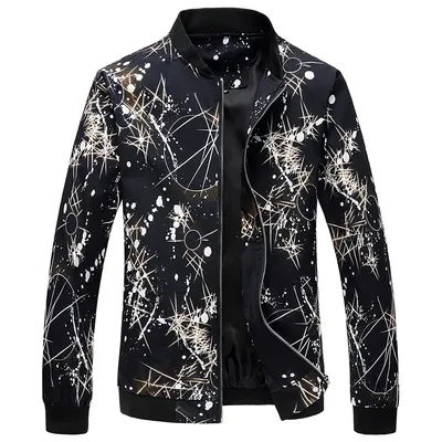 New Style Men's Jacket Casual Zipper Cardigan Stand Collar Printing Top Coat