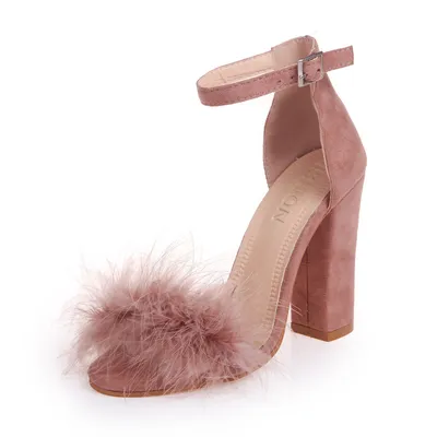 Aliexpress Hot Style New Open-Toed Shallow Mouth Large Size Women'S Single Shoes Rabbit Fur Buckle High-Heeled Sandals