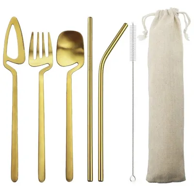 Cross-Border Western-Style 7-Piece Portable Cutlery Set Hanging Cup Cutlery Set Stainless Steel Travel Camping Cutlery