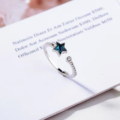 Fashion European And American Deep Sea Blue Ring Five-pointed Star Crystal Inlaid Zircon