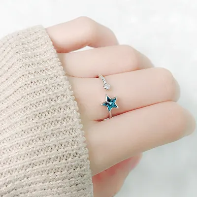 Fashion European And American Deep Sea Blue Ring Five-pointed Star Crystal Inlaid Zircon
