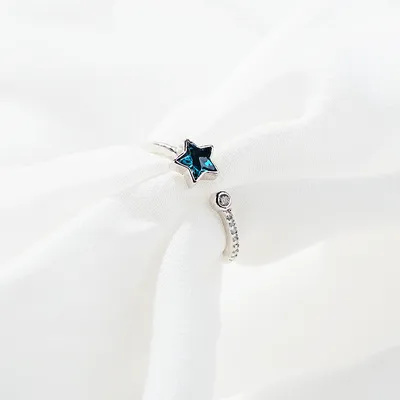 Fashion European And American Deep Sea Blue Ring Five-pointed Star Crystal Inlaid Zircon