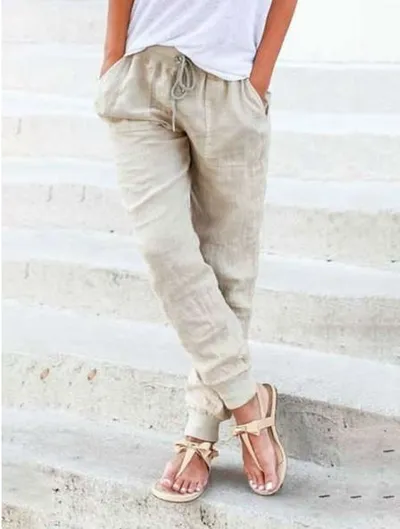 Loose Solid Color Cotton And Linen Ladies Casual Pants
