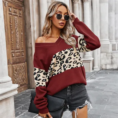 Leopard Print Sweatshirt Fashion Casual V-neck Long-sleeved Pullover Top Women's Commuting Clothing
