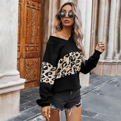 Leopard Print Sweatshirt Fashion Casual V-neck Long-sleeved Pullover Top Women's Commuting Clothing