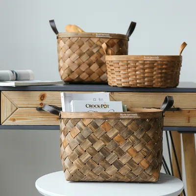 Hand-woven Old Carbonized Wood Chip Handle Storage Basket