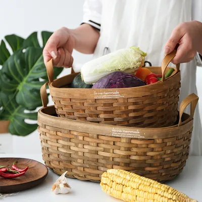 Hand-woven Old Carbonized Wood Chip Handle Storage Basket