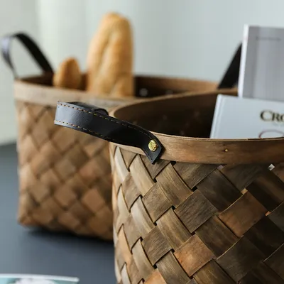 Hand-woven Old Carbonized Wood Chip Handle Storage Basket