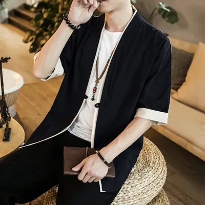 Summer New Style Cotton And Linen Jacket Five Point Sleeve Men