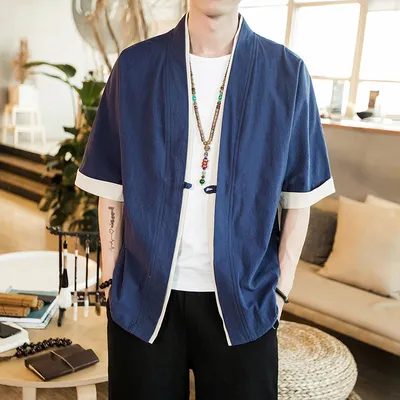 Summer New Style Cotton And Linen Jacket Five Point Sleeve Men