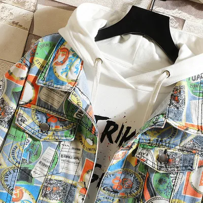 Men's Graffiti Camouflage Color Denim Jacket Plus Size