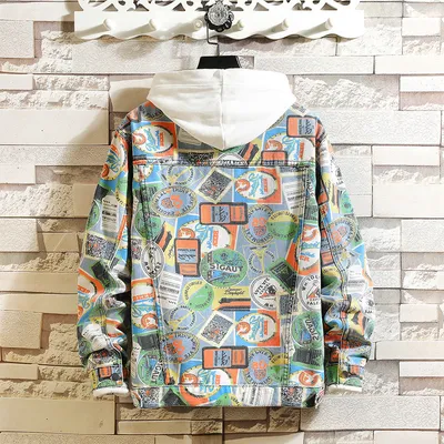Men's Graffiti Camouflage Color Denim Jacket Plus Size
