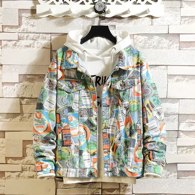 Men's Graffiti Camouflage Color Denim Jacket Plus Size