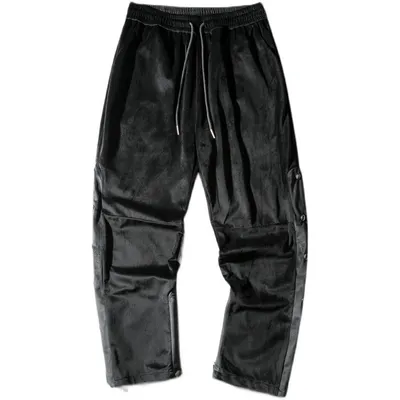 Dark Black Button Solid Color Easy-care Trend Straight Casual Sports Trousers