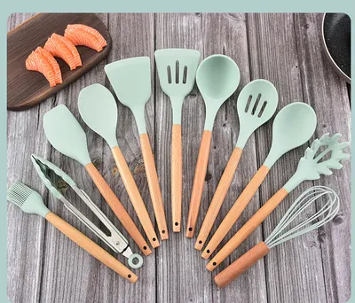Wooden Handle Silicone Kitchenware 12-Piece Non-Stick Spatula Kitchen Tool Cooking Spatula Spoon Baking Set