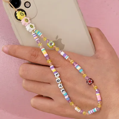Bohemian Smiley Soft Ceramic Phone Chain Love Letter Crystal Beads Handmade Beaded Anti-Lost Mobile Phone Lanyard