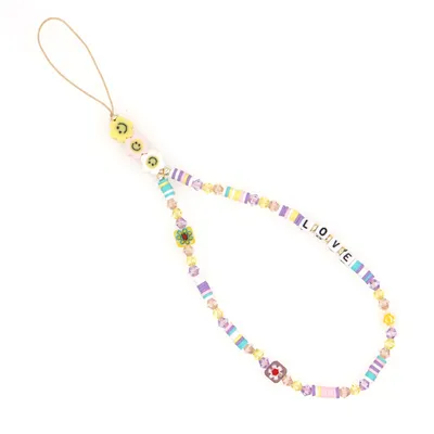 Bohemian Smiley Soft Ceramic Phone Chain Love Letter Crystal Beads Handmade Beaded Anti-Lost Mobile Phone Lanyard