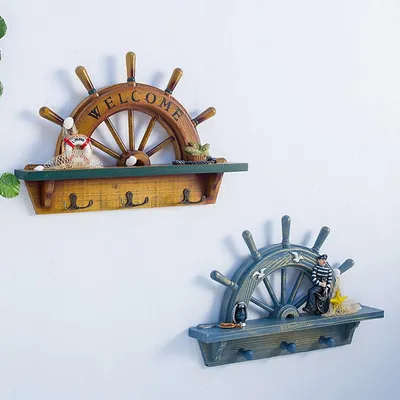Mediterranean Style Ship Rudder Coat Hook Semi-Helmsman Home Furnishings Marine Style 42Cm Wooden Crafts