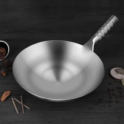 Thickened Non-Stick Canteen Restaurant Household Pointed Bottom Concave Induction Cooker Round Bottom Uncoated Stainless Steel Wok