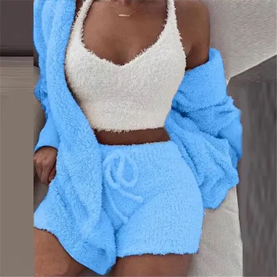 Winter Sexy Women Home Wear Suit Casual Pajamas Set Lady Female Soft Warm Long Sleeve Exposed Navel Vest Shorts Set