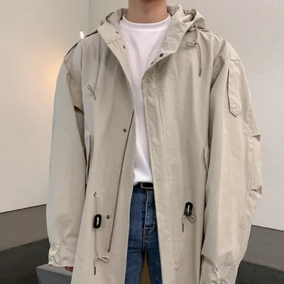 Hooded Windbreaker Men's Mid Length Handsome Loose Casual Overalls
