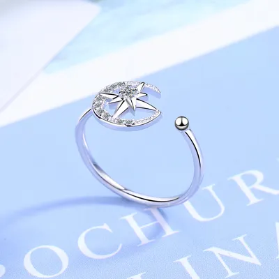 Stile Giapponese Di Donna Semplice Diamante In Linea Stella Luna Aperto Anello Di Moda Singolo Anello Di Moda