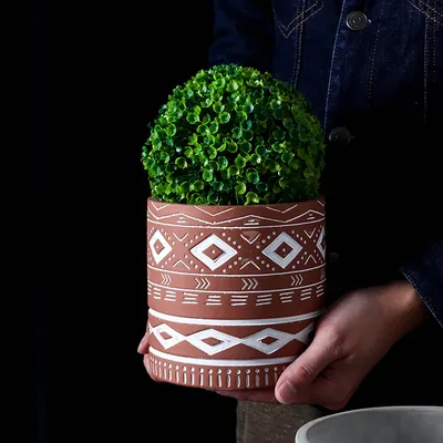 Cement Flower Pot Cylindrical Geometric Ethnic Relief