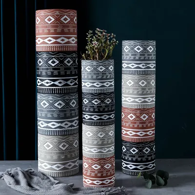Cement Flower Pot Cylindrical Geometric Ethnic Relief