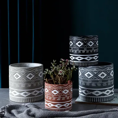 Cement Flower Pot Cylindrical Geometric Ethnic Relief