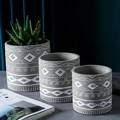 Cement Flower Pot Cylindrical Geometric Ethnic Relief
