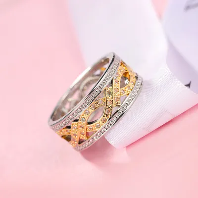 European And American Two-tone Gold Zircon Jewelry Hollow Ring