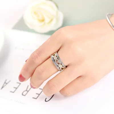 European And American Two-tone Gold Zircon Jewelry Hollow Ring