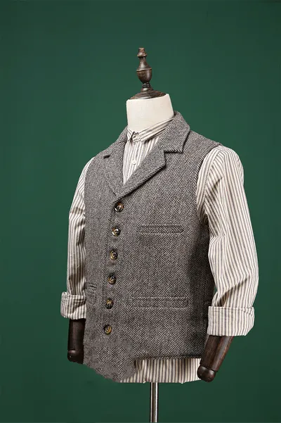New Men'S Khaki Heavy Wool Herringbone Suit Vest
