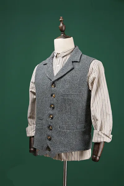 New Men'S Khaki Heavy Wool Herringbone Suit Vest