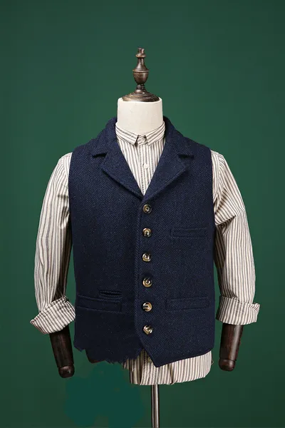 New Men'S Khaki Heavy Wool Herringbone Suit Vest