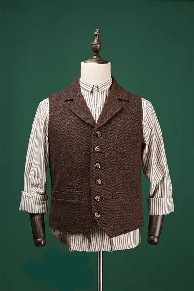 New Men'S Khaki Heavy Wool Herringbone Suit Vest