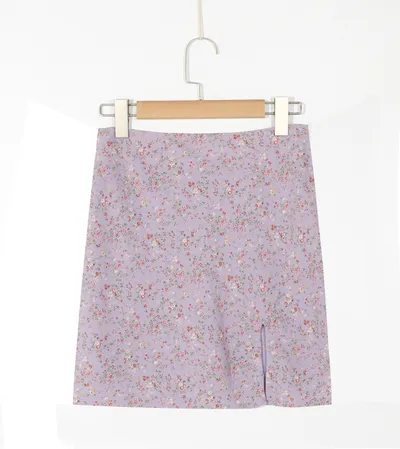 Korean Style High Waist, Long Legs, Purple Bottom Floral Slit Skirt, Short Skirt